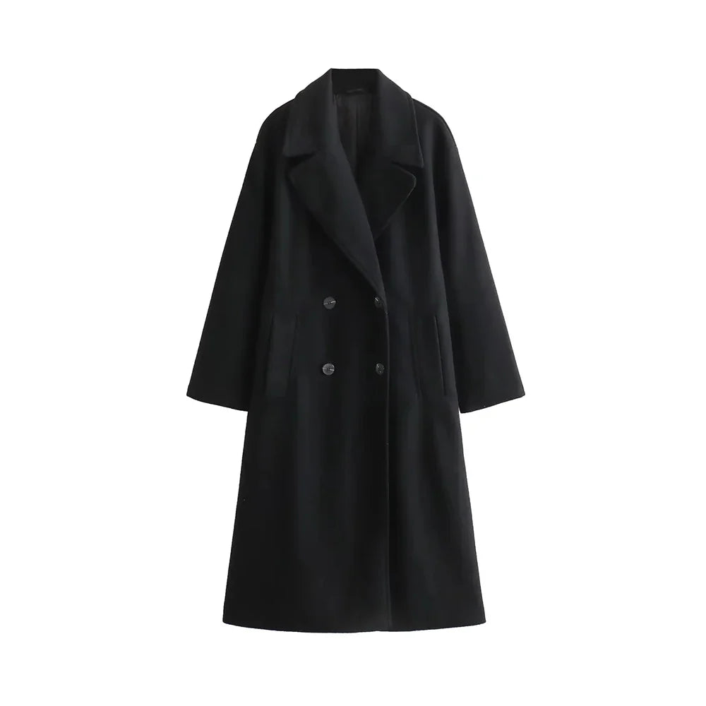 Front view of a black women's oversized longline wool coat with notch lapels, double-breasted buttons, and side welt pockets.