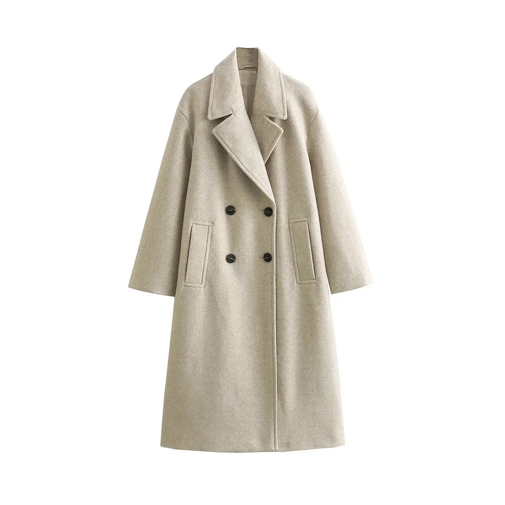 Front view of a light beige double-breasted oversized longline wool coat featuring dark contrasting buttons and notch lapels.