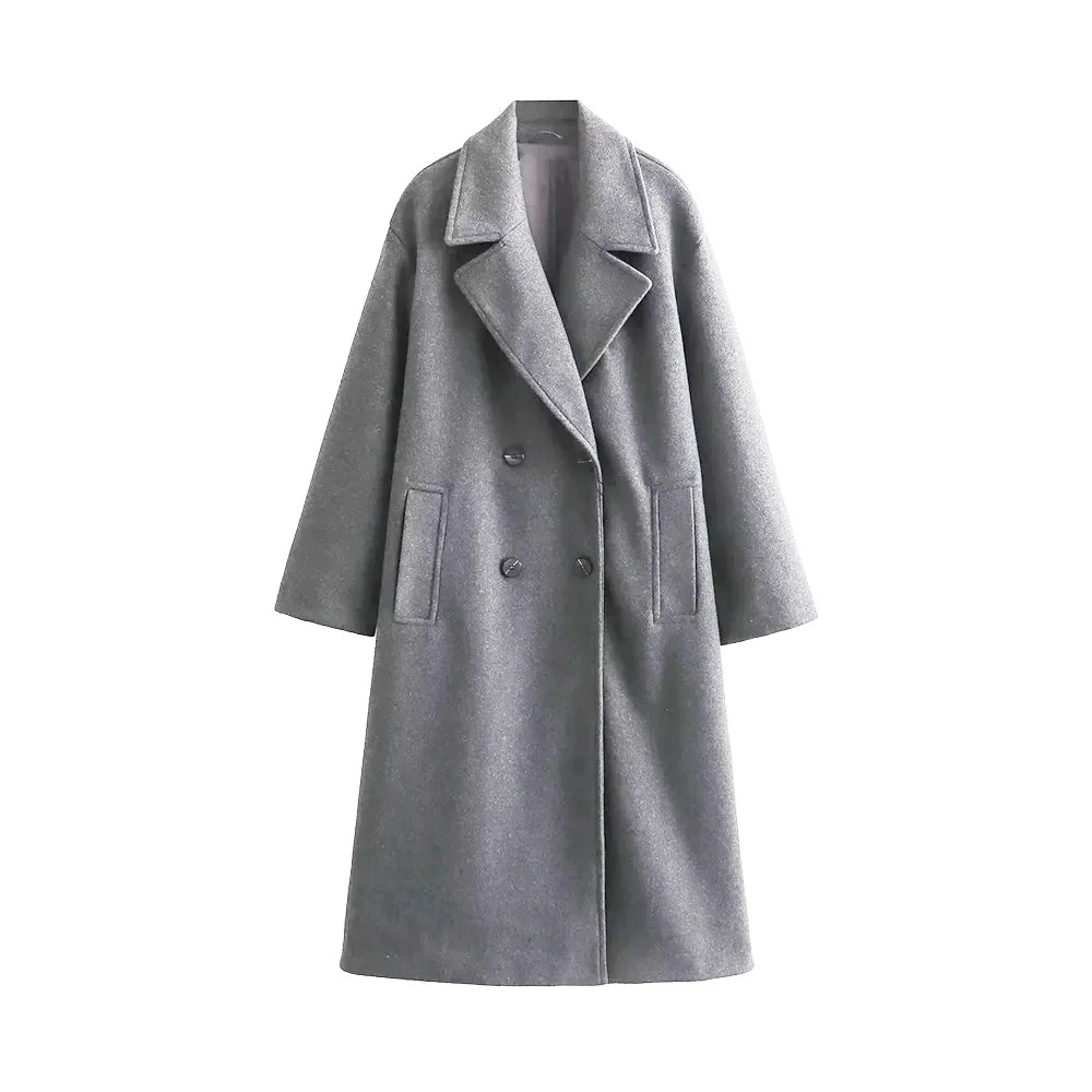 Front view of a medium gray women's oversized longline wool coat featuring a double-breasted button front and notch lapels.