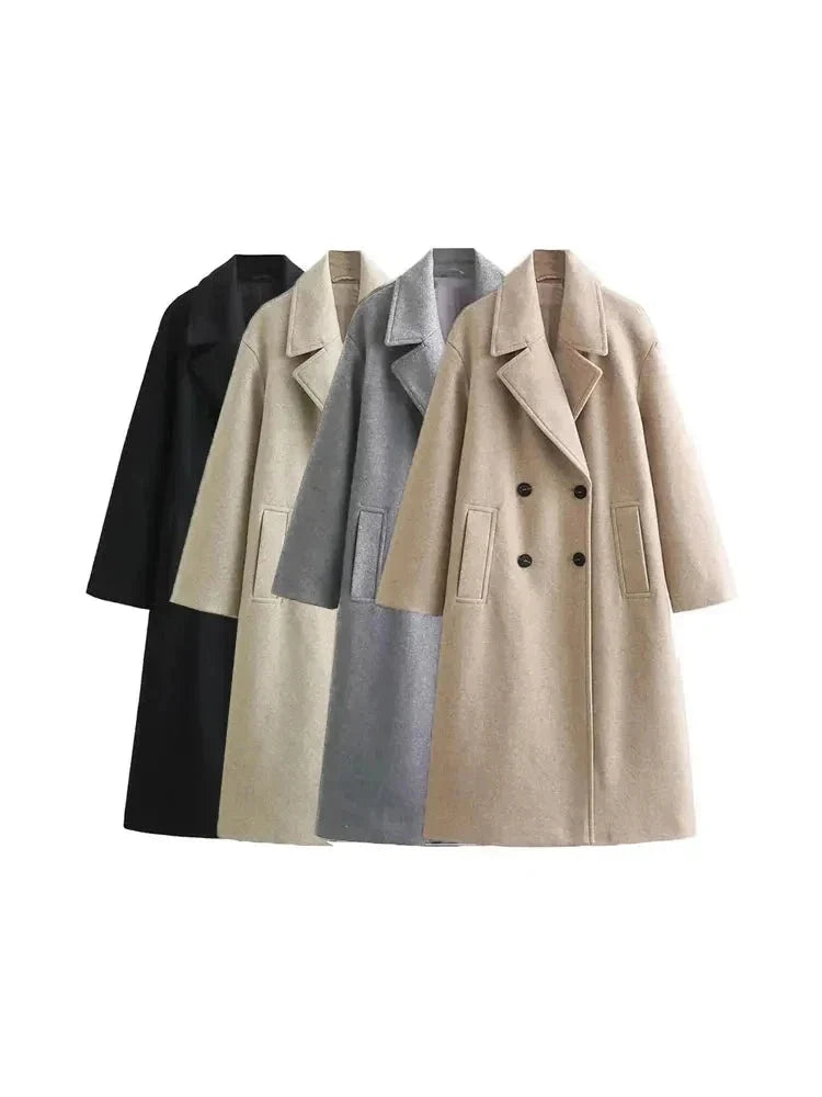 Group display of the women's double-breasted longline wool coat in four available color options: black, off-white, grey, and camel beige.