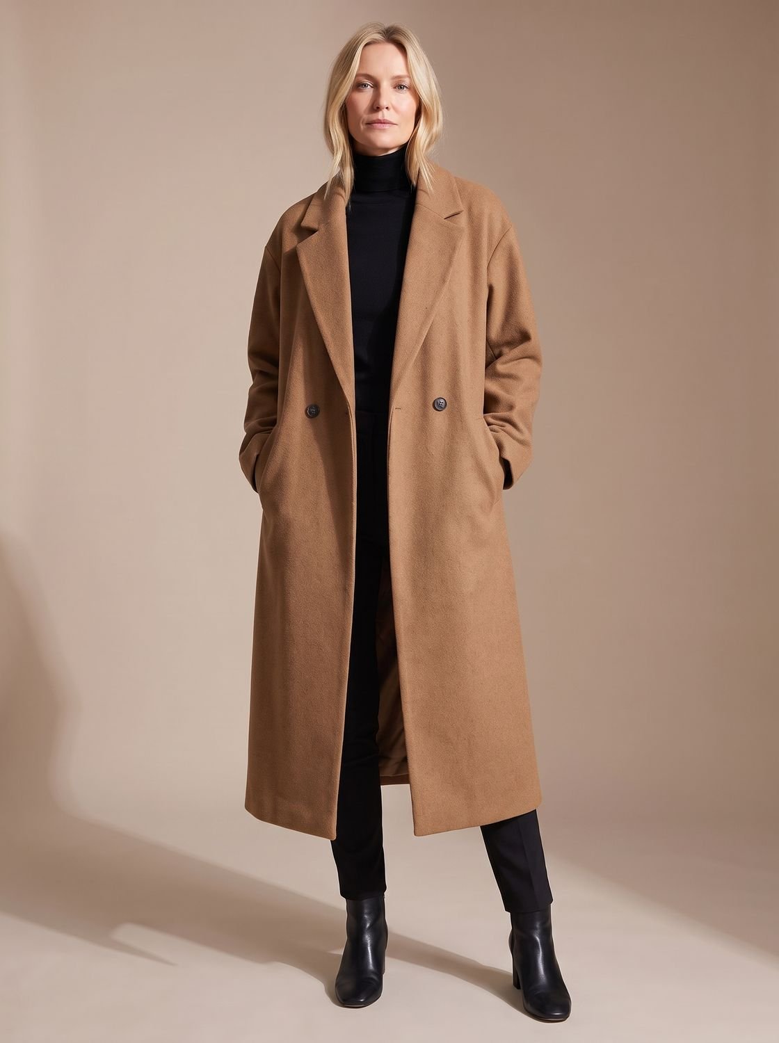 Front full-length shot of a blonde woman wearing a camel tan oversized double-breasted overcoat layered over an all-black turtleneck outfit.