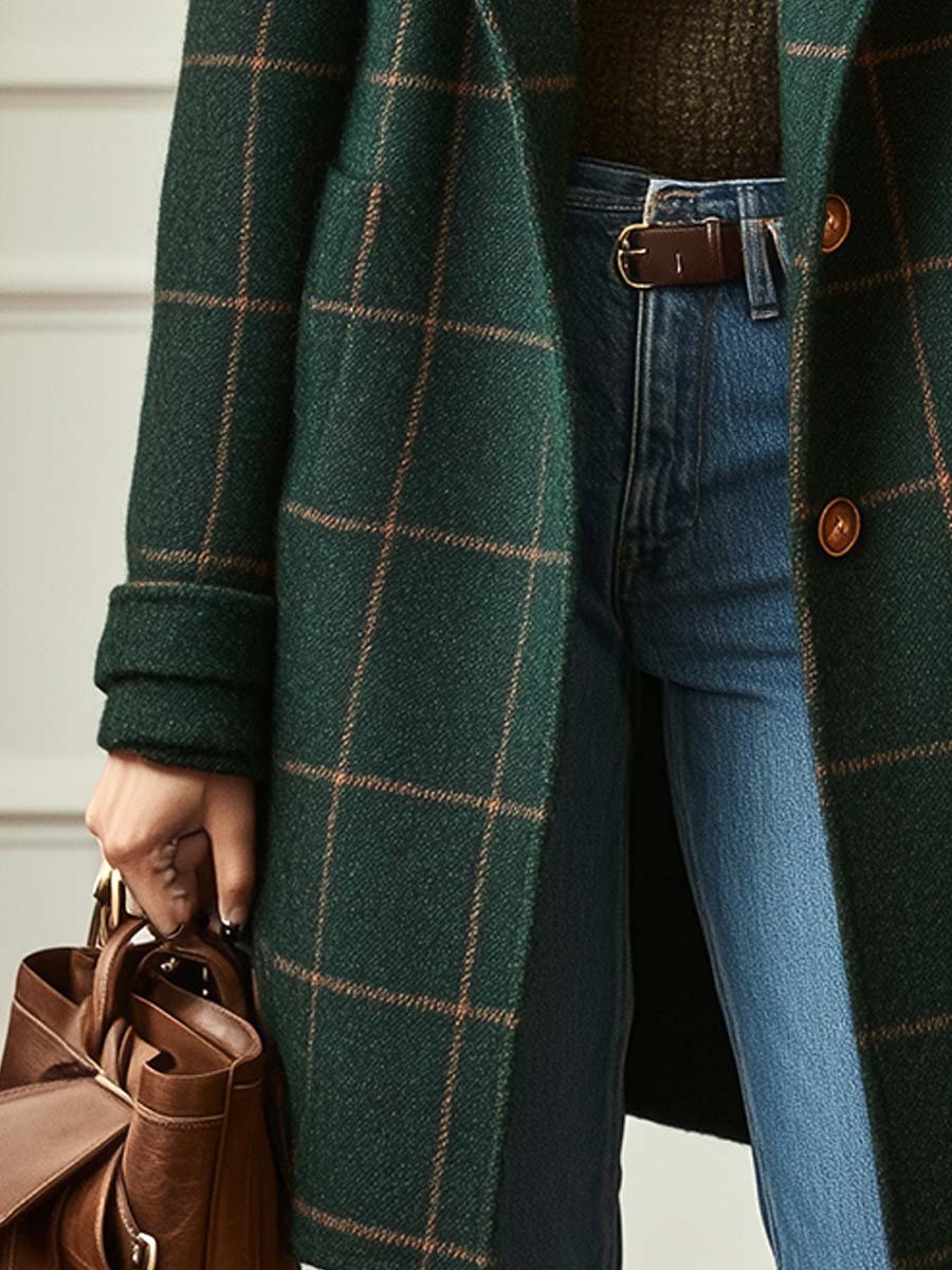 Close-up view of the dark green plaid coat sleeve cuff and waistline, showing blue jeans with a brown leather belt and a hand holding a brown leather satchel bag.
