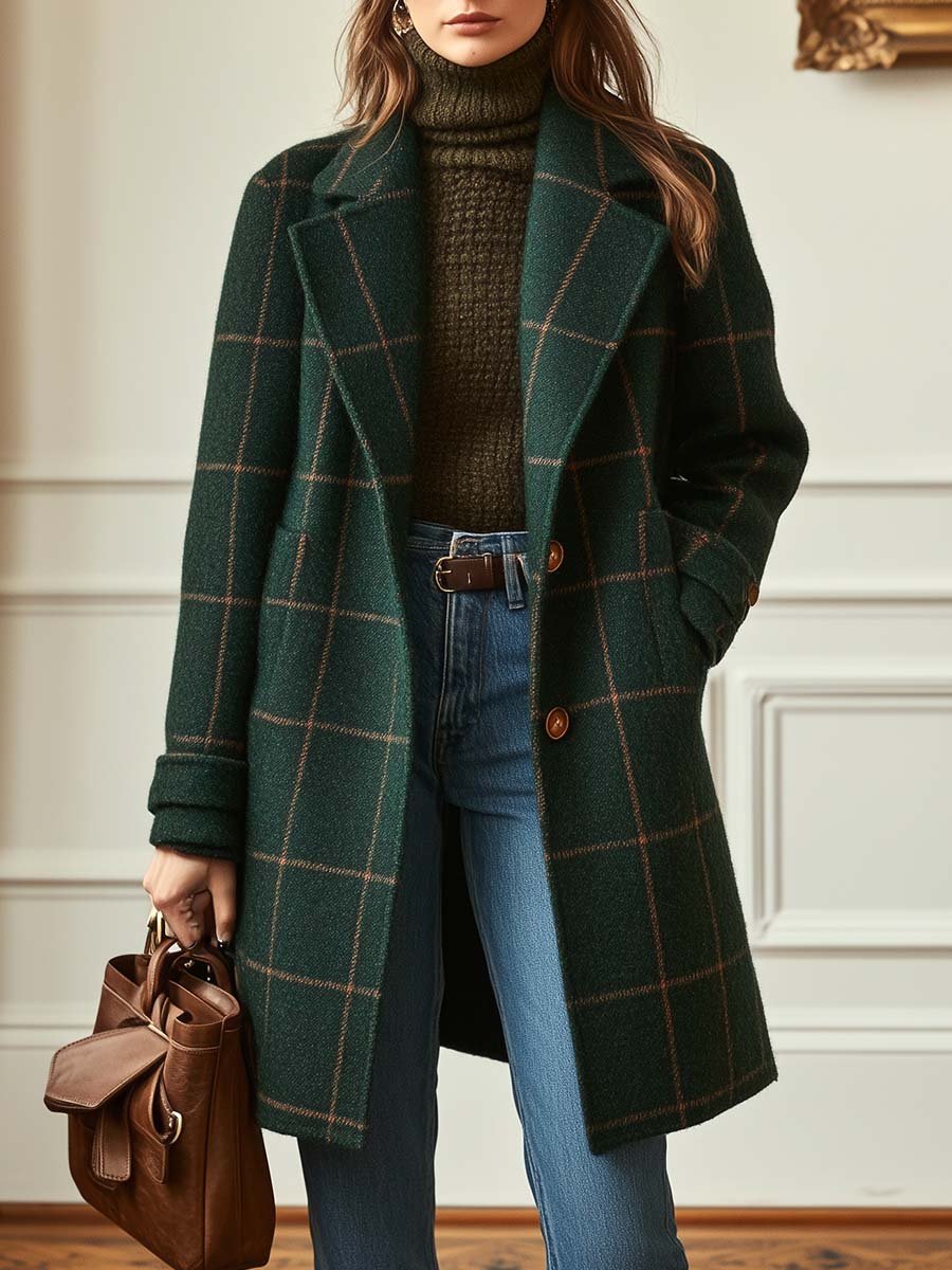 Front view of a woman wearing a dark green plaid tweed mid-length coat with brown windowpane checks, wide notch lapels, and tortoiseshell front buttons, styled over an olive green turtleneck sweater, blue jeans, and holding a brown leather bag.