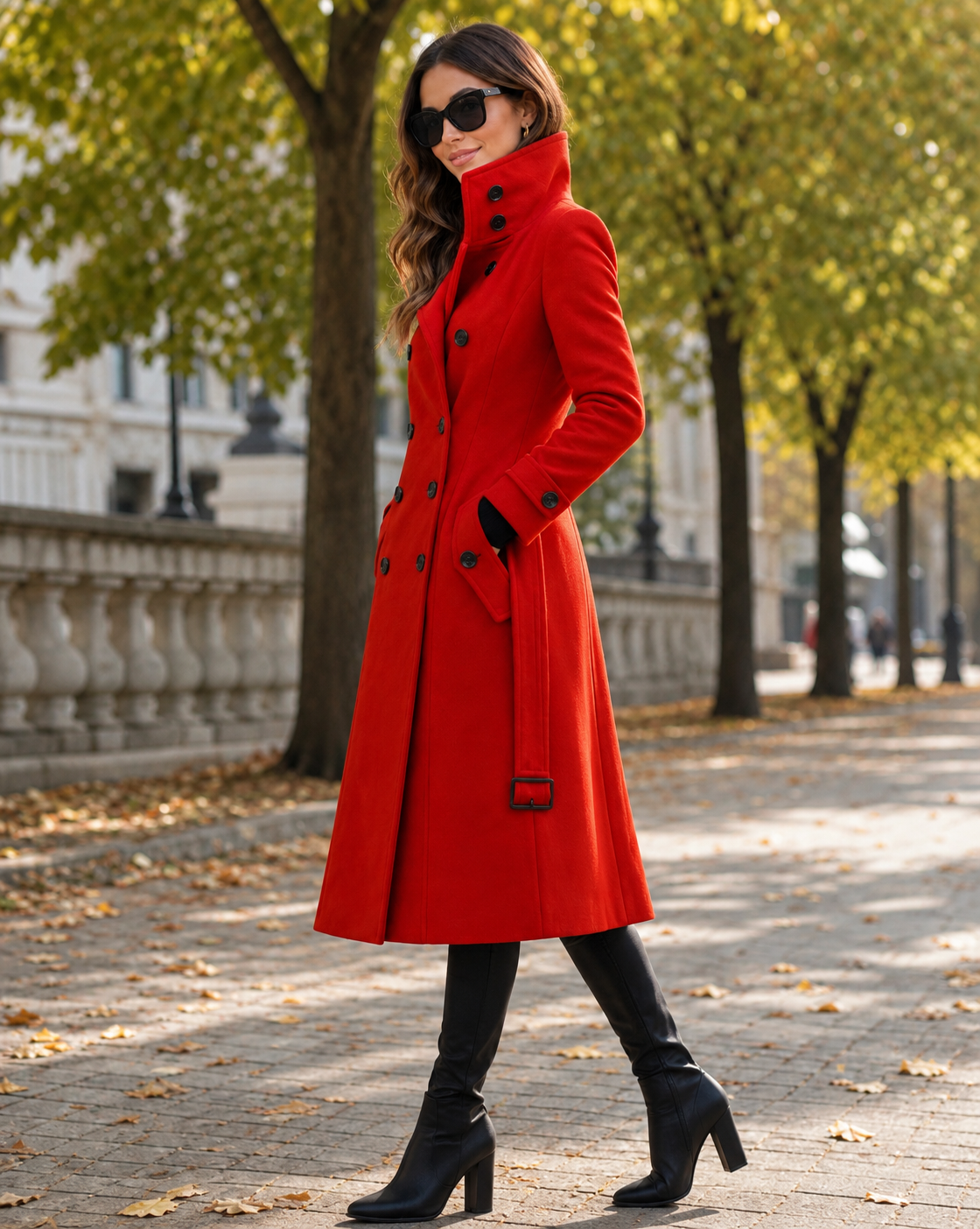 Full-length view of a woman wearing a red stand-collar longline wool coat styled with black heeled boots and sunglasses outdoors on a paved park walkway.