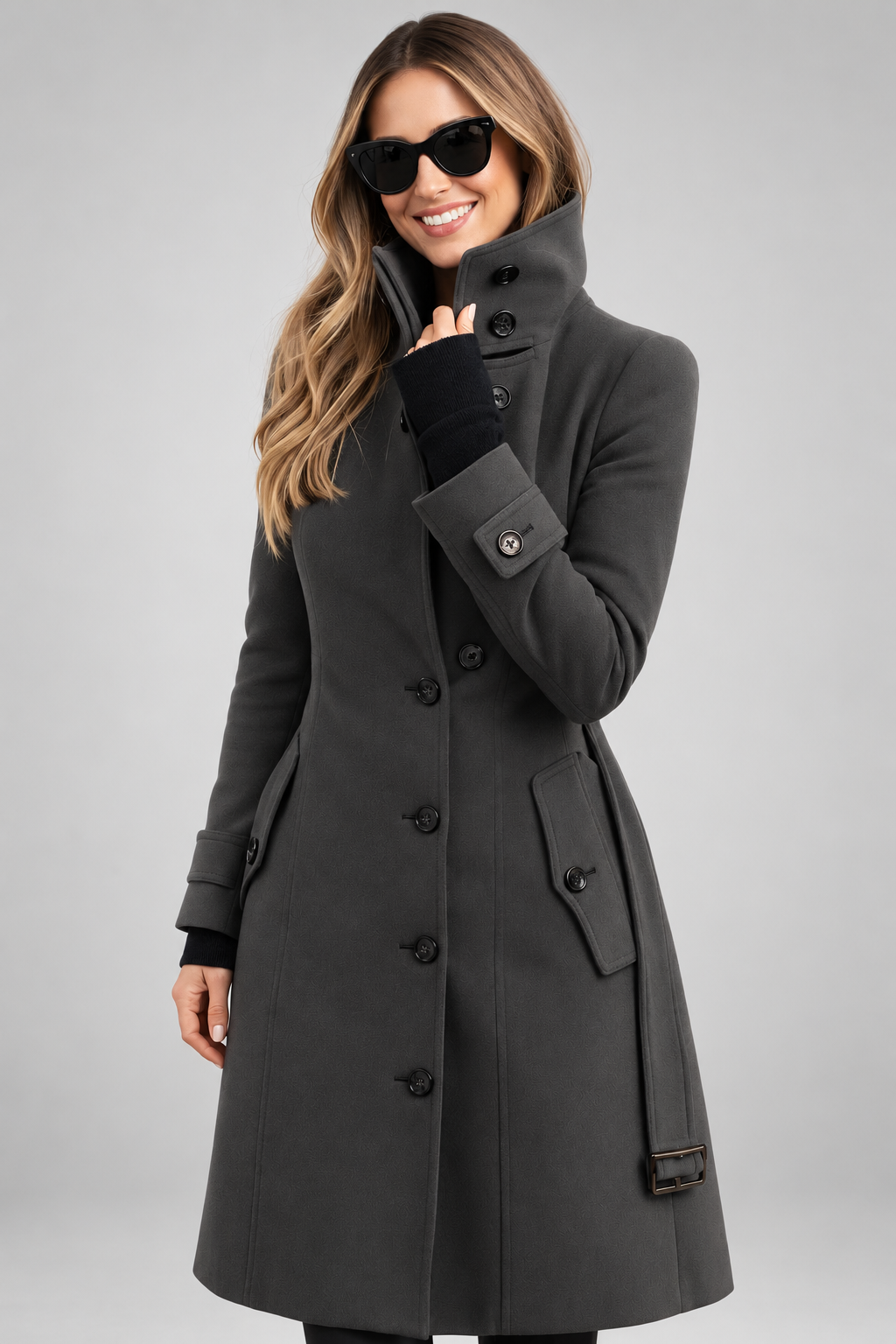Front view of a woman wearing sunglasses and a dark charcoal grey longline wool coat featuring a high funnel neck collar, black buttons, and cuff tabs against a neutral studio background.