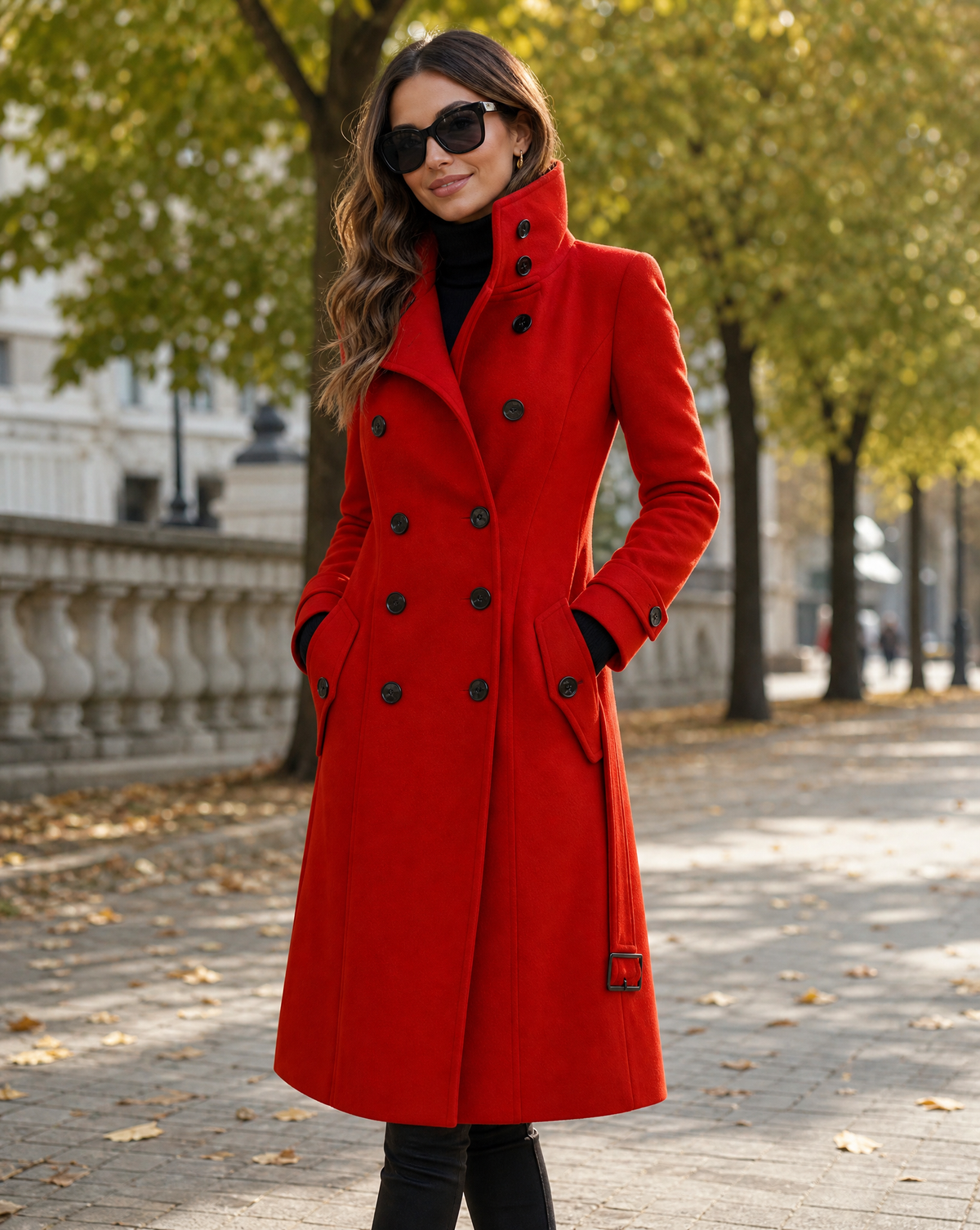 Woman wearing sunglasses and a vibrant red longline double-breasted wool-blend coat featuring a high stand collar, black buttons, structured waist line, side pockets, and buckled accent tabs, walking on an outdoor tree-lined city path in autumn.