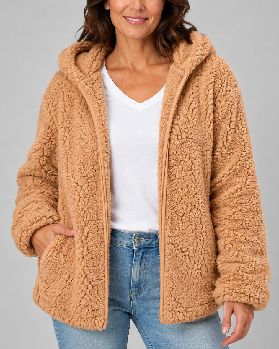 A woman wearing an open tan hooded teddy fleece jacket with front pockets, layered over a white shirt and blue jeans.