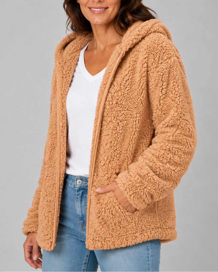 A woman wearing an open tan hooded teddy fleece jacket styled with a white shirt and light jeans.