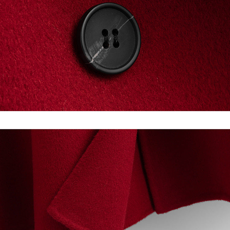 Macro close-up shot of the soft, brushed red wool-blend fabric texture.