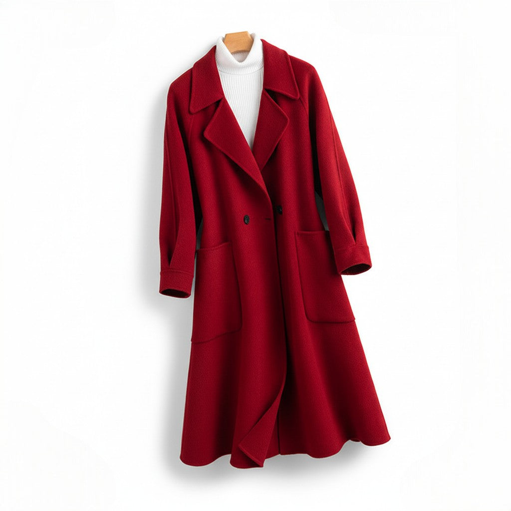 Front view of a women's red longline wool coat hanging on a hanger, featuring wide notch lapels, double-breasted button closure, a relaxed A-line silhouette, large patch pockets, layered over a white ribbed turtleneck top.