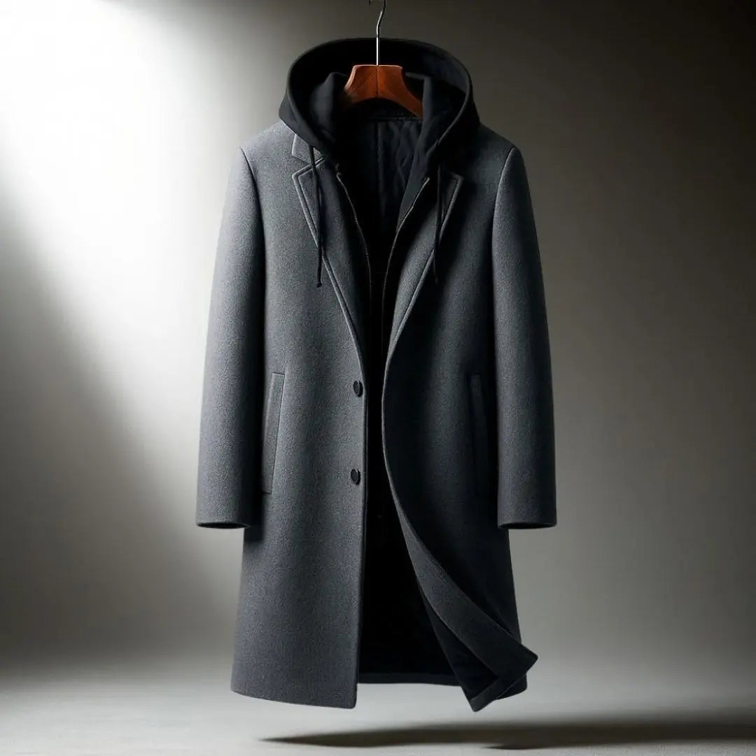 Gray Wool-Blend Longline Overcoat displayed from the front, featuring a built-in hood, full-zip front, longline silhouette, and tailored construction.
