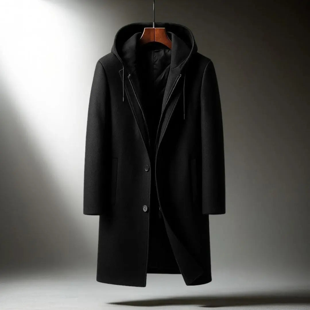 Black Wool-Blend Longline Overcoat displayed from the front, featuring a built-in hood, full-zip front, and tailored longline silhouette.