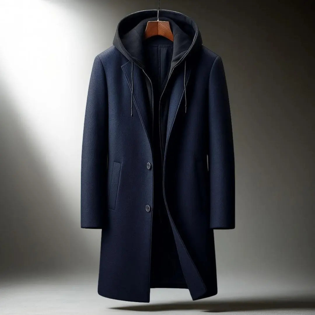Navy Wool-Blend Longline Overcoat displayed from the front, featuring a built-in hood, full-zip front, and tailored longline silhouette.
