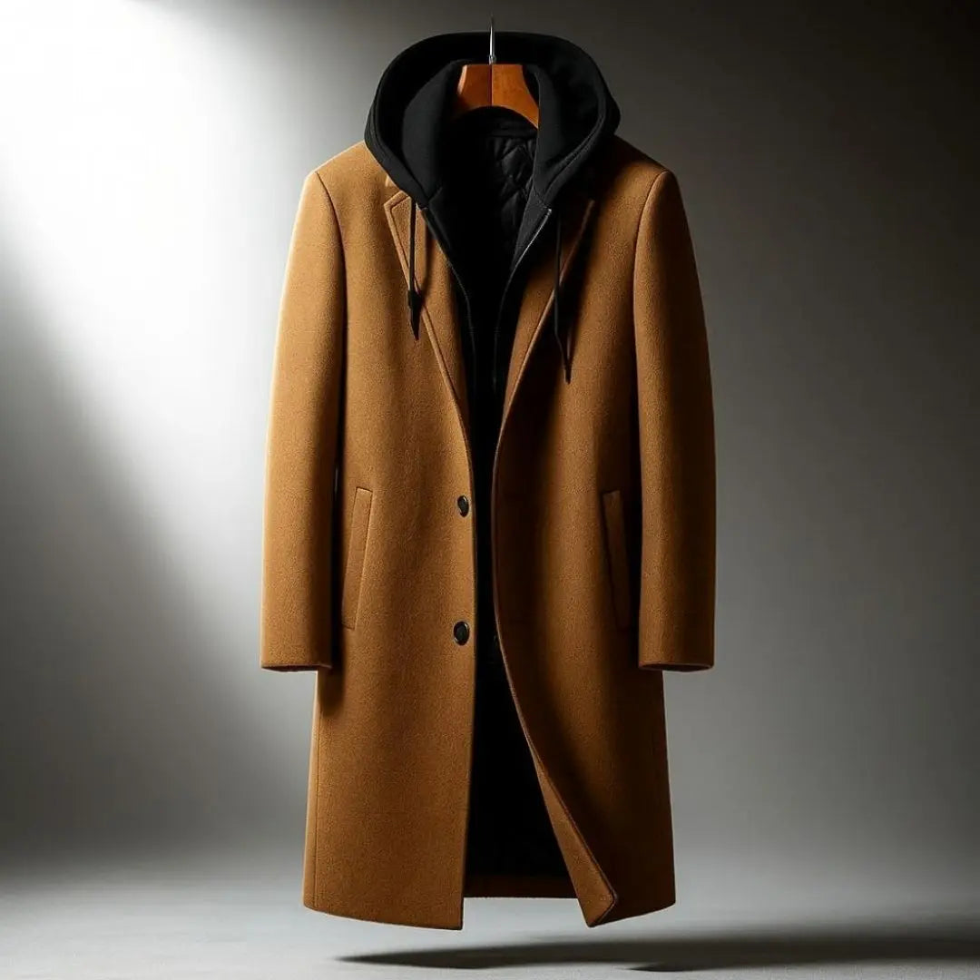Camel Wool-Blend Longline Overcoat displayed from the front, featuring a built-in hood, full-zip front, and tailored longline silhouette.