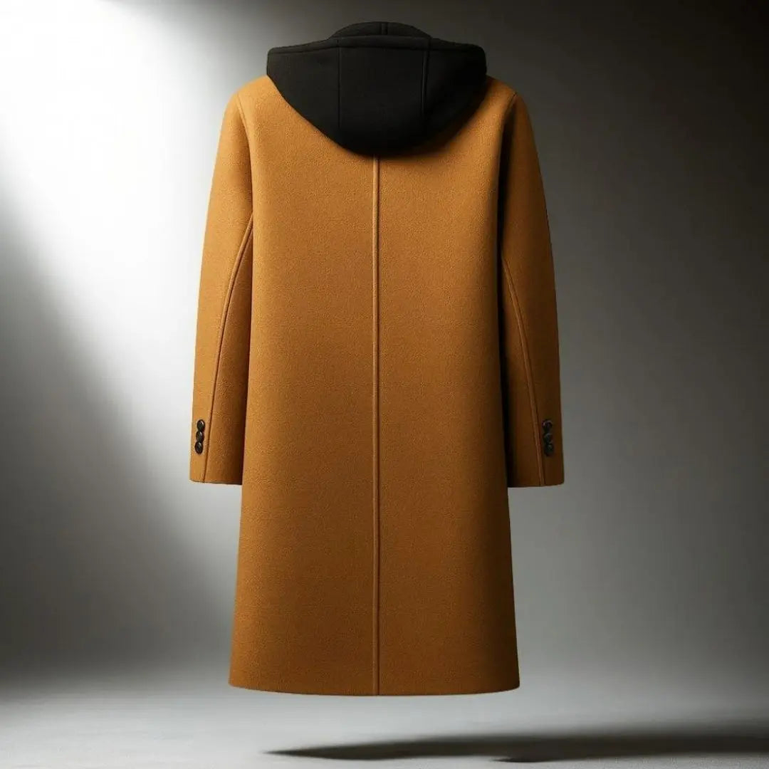 Back view of the camel Wool-Blend Longline Overcoat, highlighting the built-in hood, clean back panel, and longline silhouette.