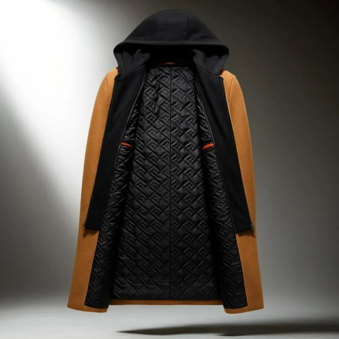 Interior view of the camel Wool-Blend Longline Overcoat showing the quilted lining, built-in hood, inner construction, and full-length zip closure.