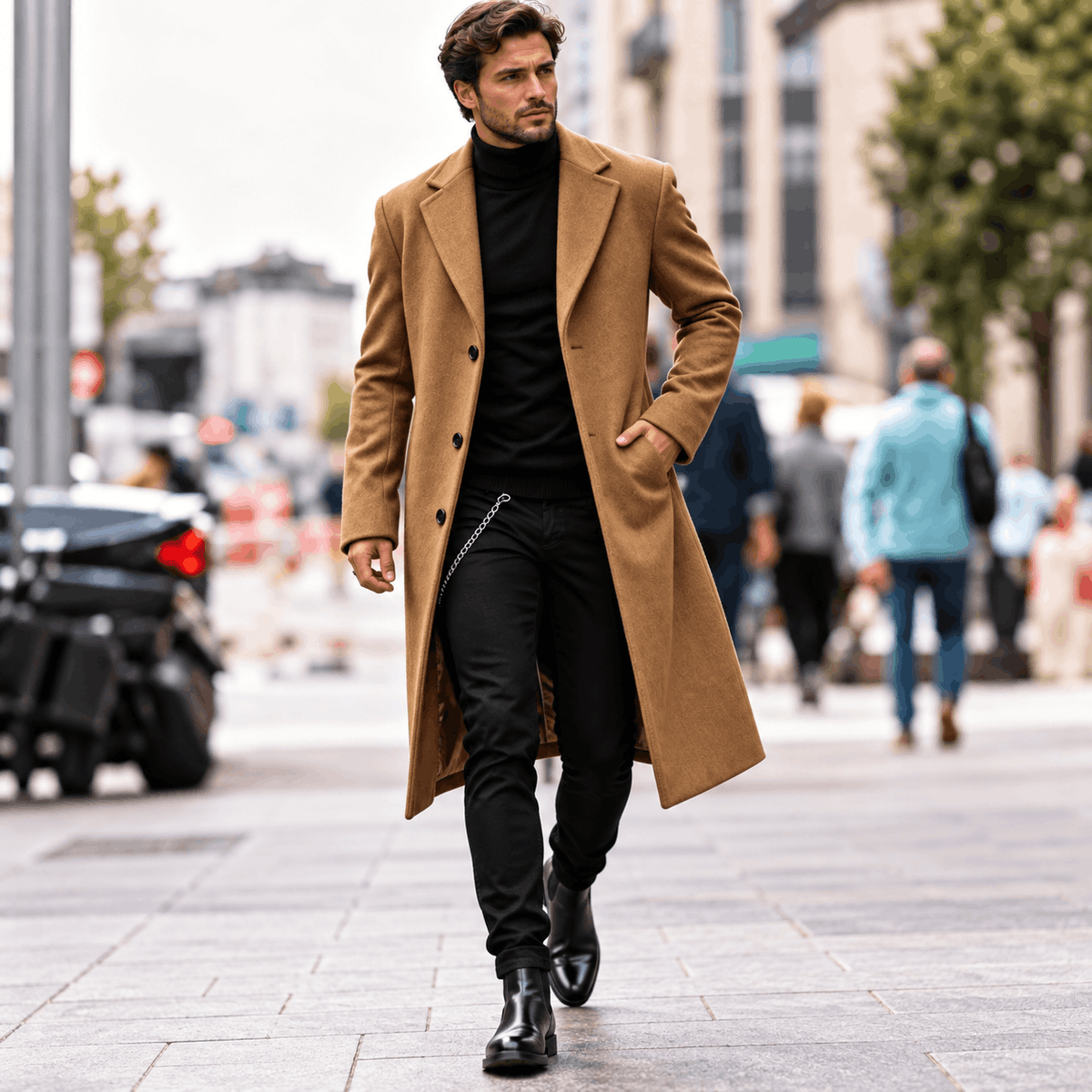 Camel Wool-Blend Longline Trench Coat worn by a male model outdoors, featuring a notch collar, single-breasted button front, and tailored longline silhouette.