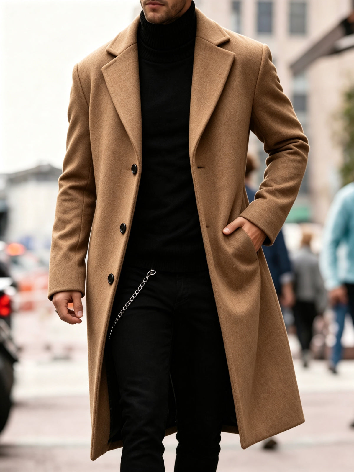 Camel Wool-Blend Longline Trench Coat worn by a male model, highlighting the notch collar, button front, tailored fit, and longline design.