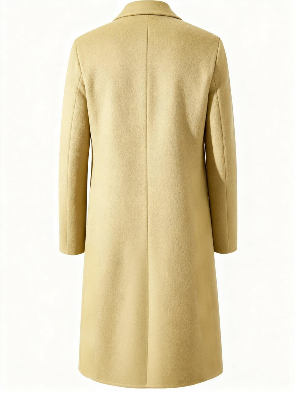 Yellow Wool-Blend Longline Trench Coat shown from the back, featuring a clean longline silhouette, notch collar, and tailored construction.