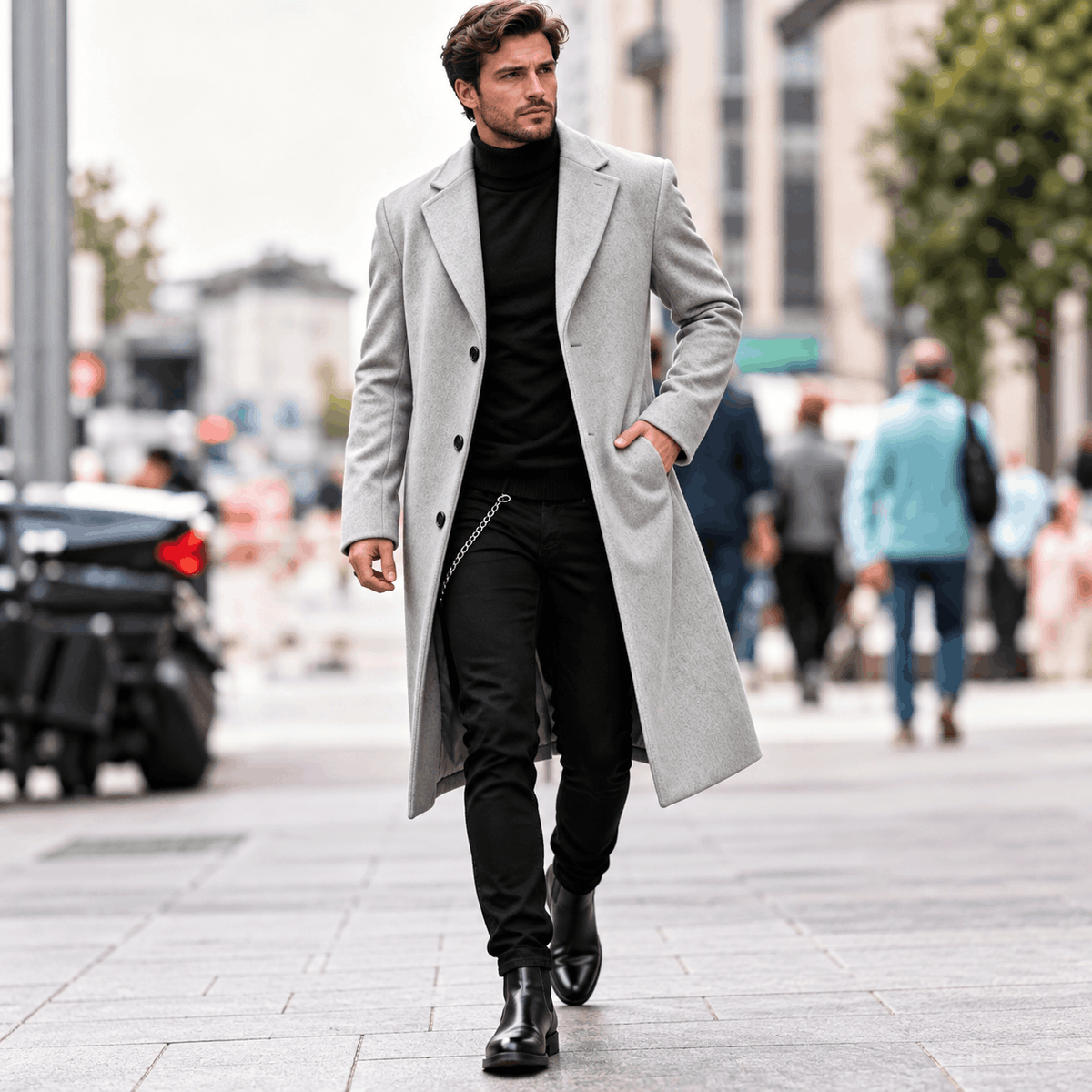 Light gray Wool-Blend Longline Trench Coat worn by a male model outdoors, featuring a notch collar, single-breasted button front, and tailored longline silhouette.