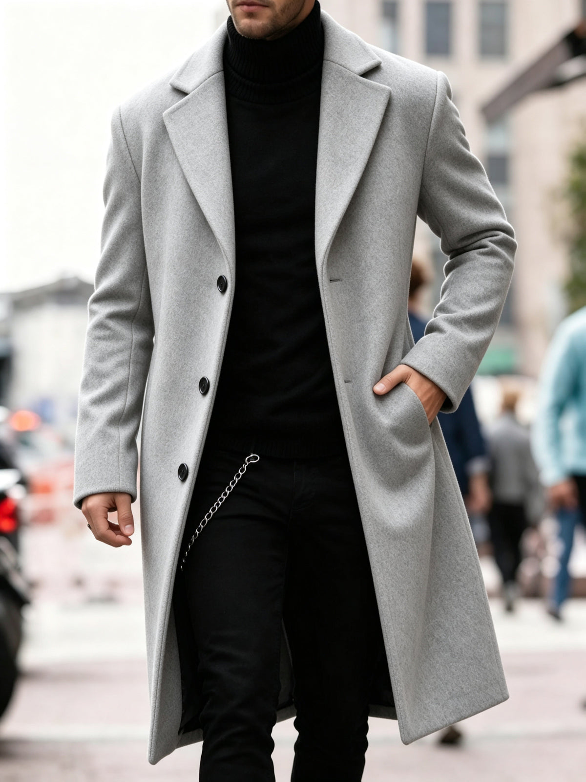 Light gray Wool-Blend Longline Trench Coat worn by a male model, highlighting the notch collar, single-breasted button front, tailored fit, and longline design.