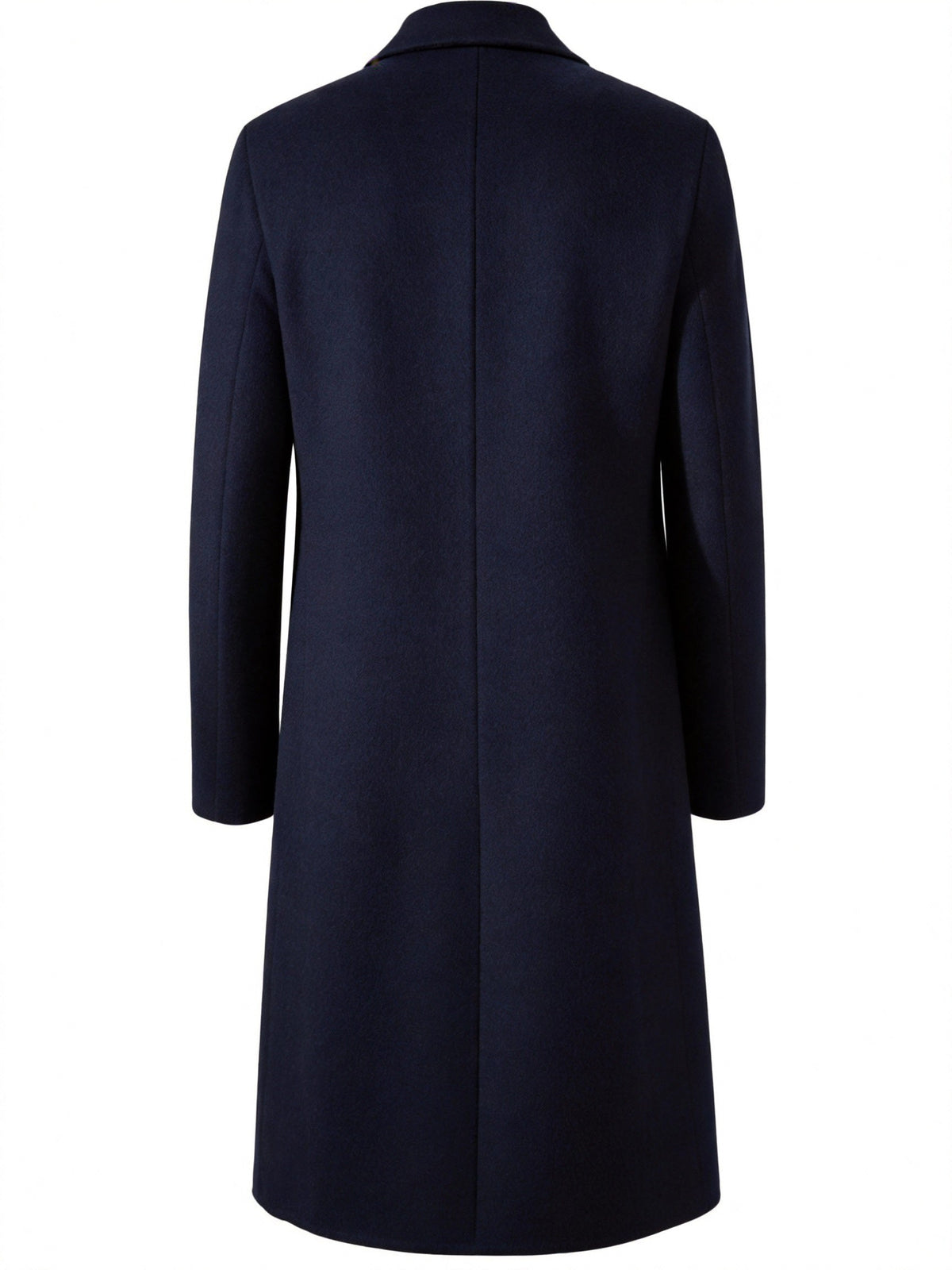 Back view of the navy Wool-Blend Longline Trench Coat, highlighting the longline silhouette, clean back panel, and tailored construction.