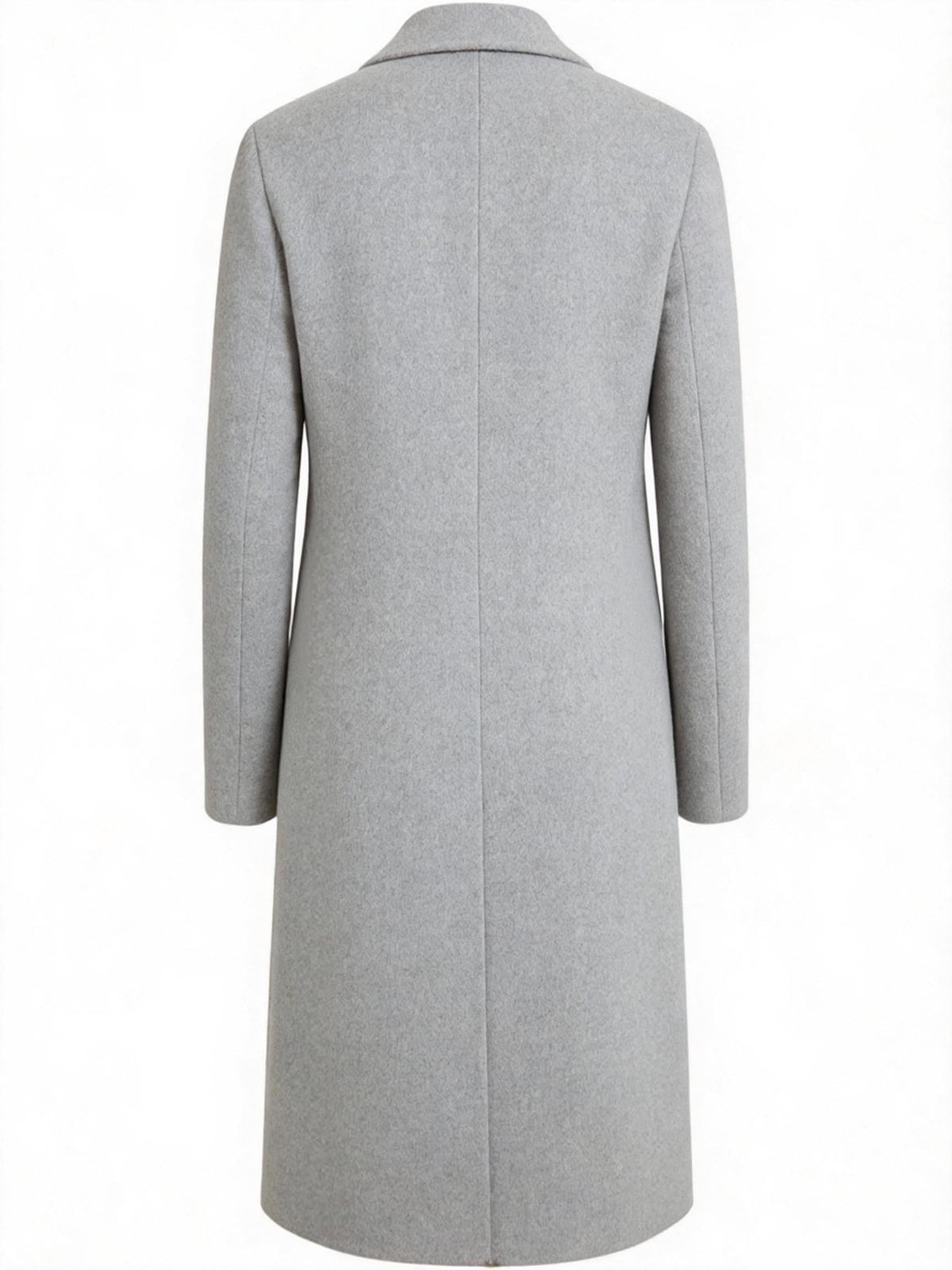 Back view of the light gray Wool-Blend Longline Trench Coat, showcasing the clean back panel, tailored silhouette, and longline fit.