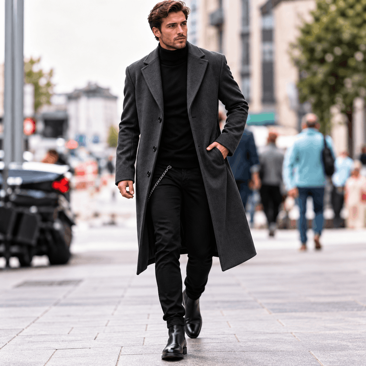Black Wool-Blend Longline Trench Coat worn by a male model outdoors, featuring a notch collar, single-breasted button front, and tailored longline silhouette.