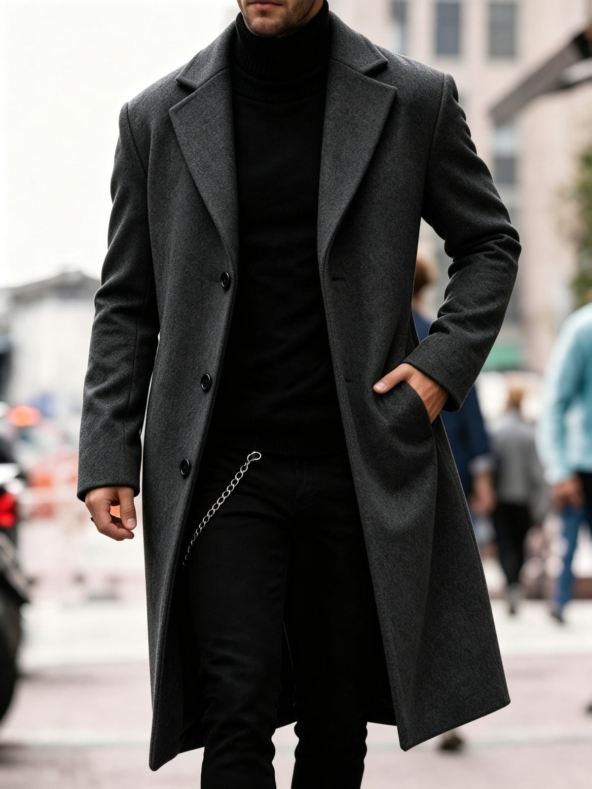 Black Wool-Blend Longline Trench Coat worn by a male model, highlighting the notch collar, single-breasted button front, and tailored fit.