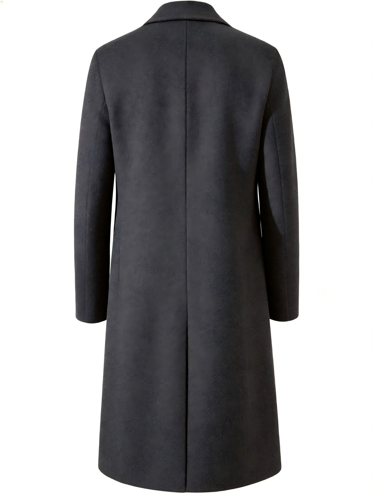 Back view of the black Wool-Blend Longline Trench Coat, showing the clean back panel and longline silhouette.