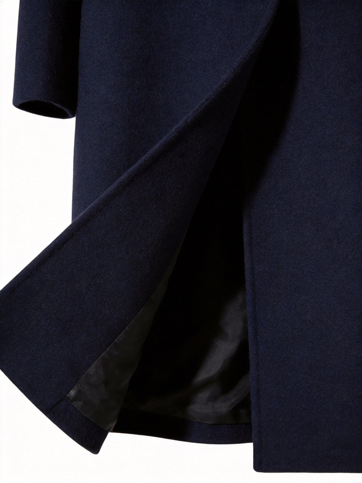 Close-up of the navy Wool-Blend Longline Trench Coat showing the lower front panel and single-breasted button closure.