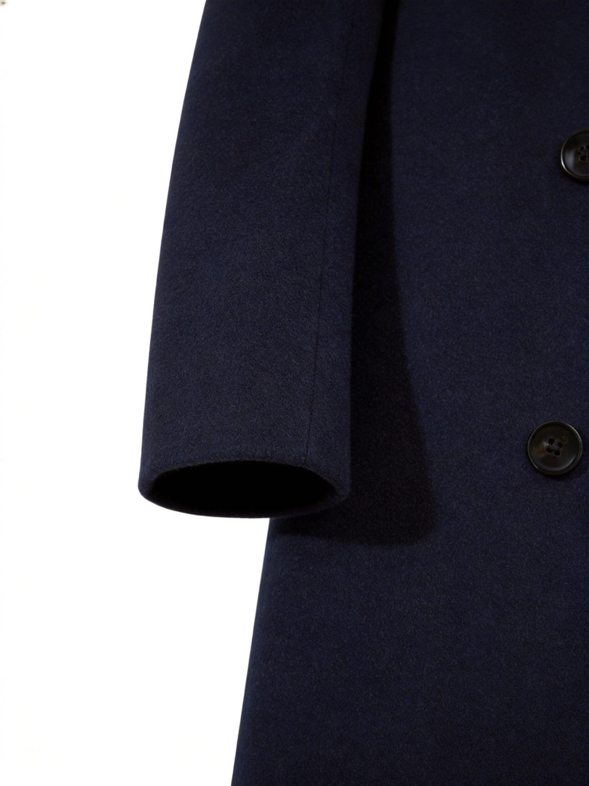Close-up of the navy Wool-Blend Longline Trench Coat sleeve, highlighting the tailored cuff and button detail.