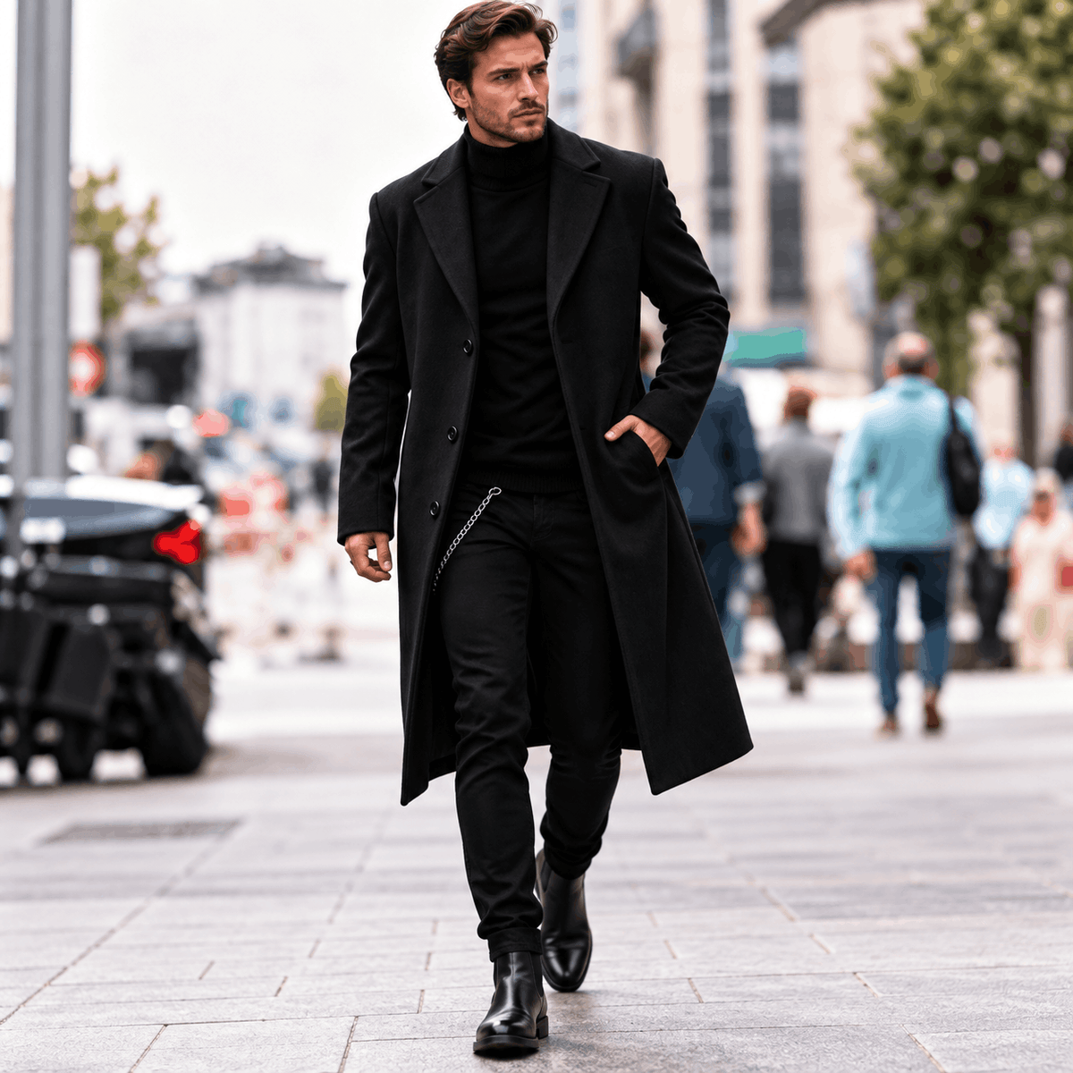 Black Wool-Blend Longline Trench Coat worn by a male model outdoors, featuring a notch collar, single-breasted button front, and tailored longline silhouette.
