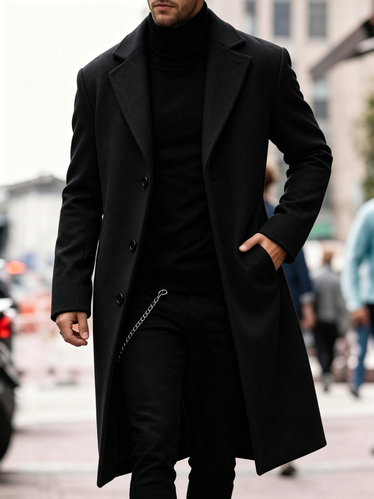 Black Wool-Blend Longline Trench Coat worn by a male model, highlighting the notch collar, button front, tailored fit, and longline design.