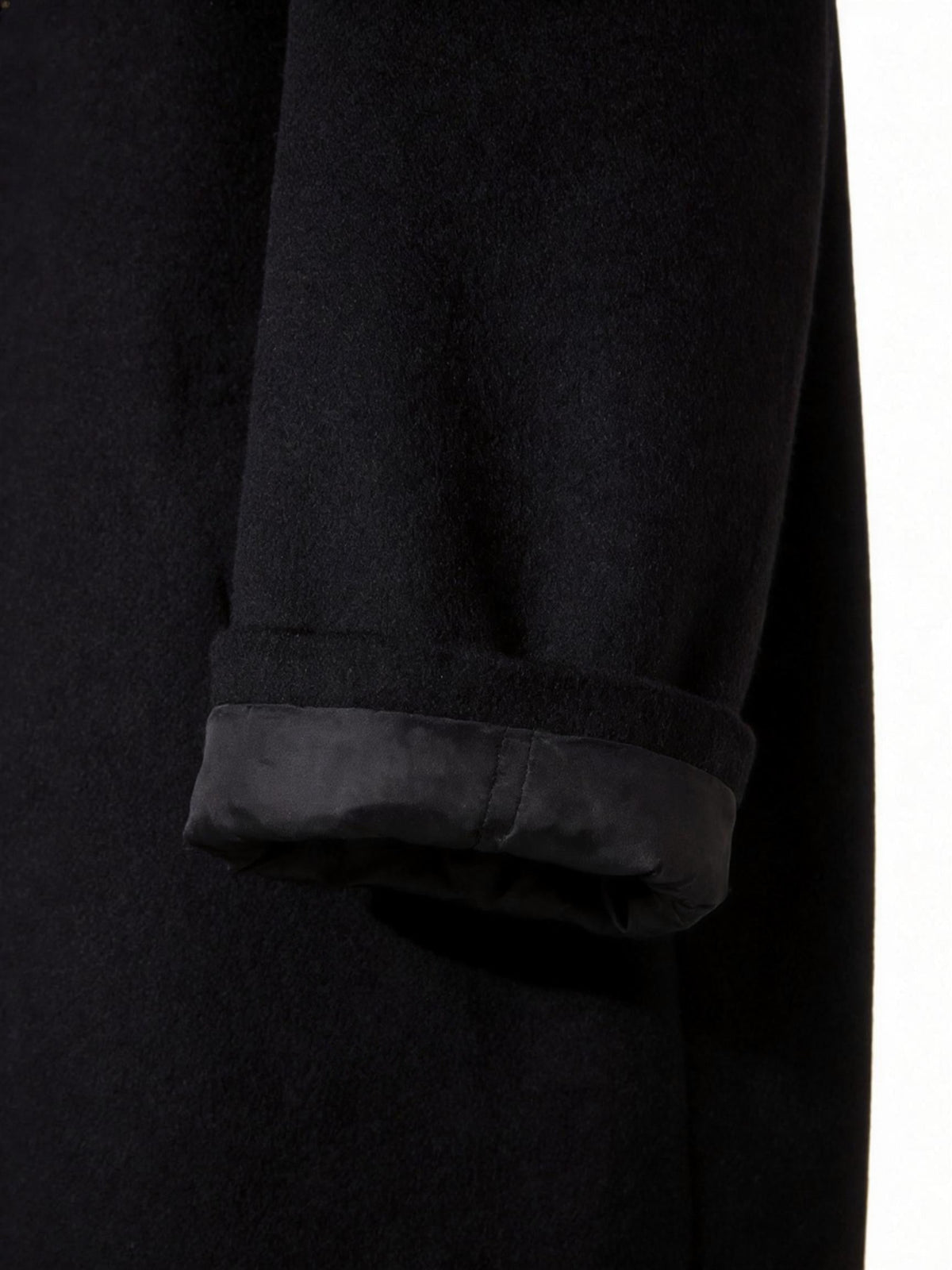 Close-up of the black Wool-Blend Longline Trench Coat sleeve, highlighting the tailored cuff and smooth wool-blend fabric.