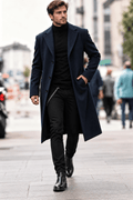 Navy Wool-Blend Longline Trench Coat worn by a male model, featuring a notch collar, single-breasted button front, longline silhouette, and tailored fit.