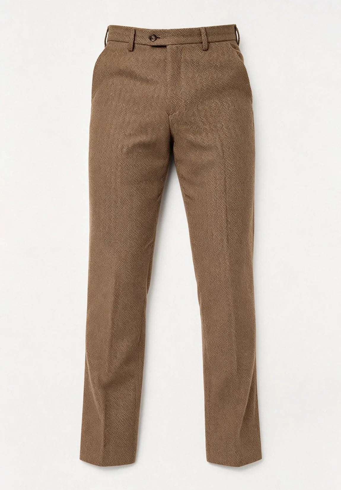 Front product view of brown wool herringbone straight-leg dress pants displayed flat against a white background.