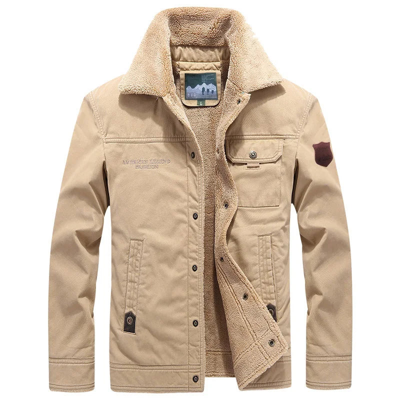 Front view layout of the beige wool-lined utility jacket displaying the open button front, sherpa-textured collar, and flap chest pocket.