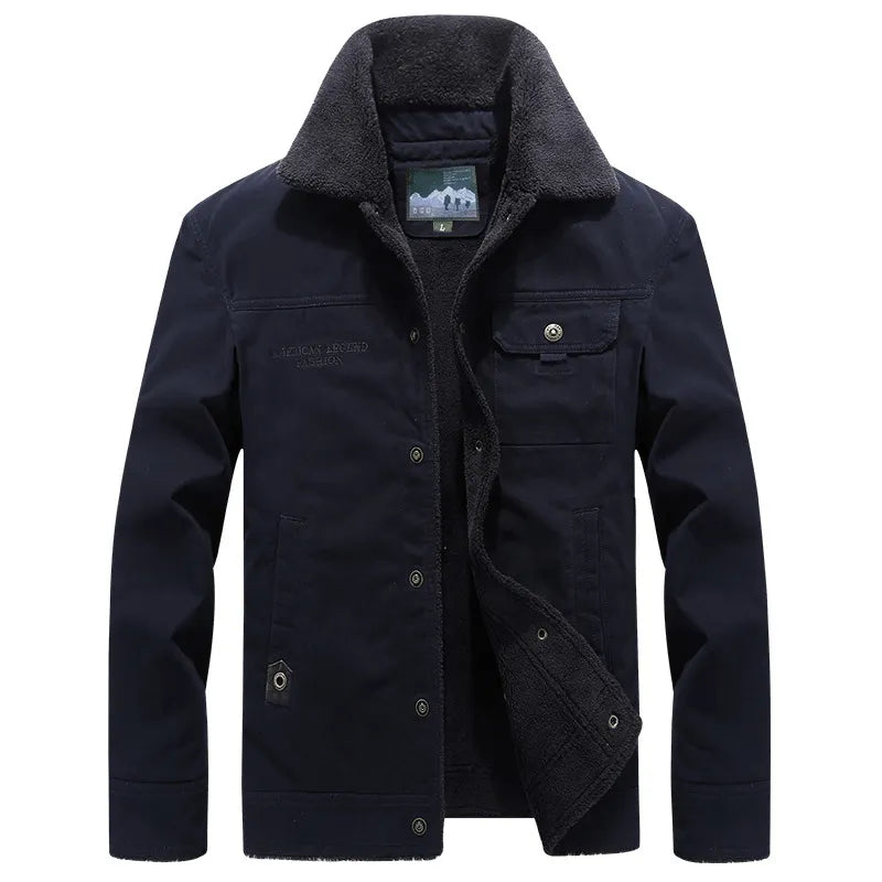 Front view layout of the dark navy blue wool-lined utility jacket with matching dark sherpa collar and button front.