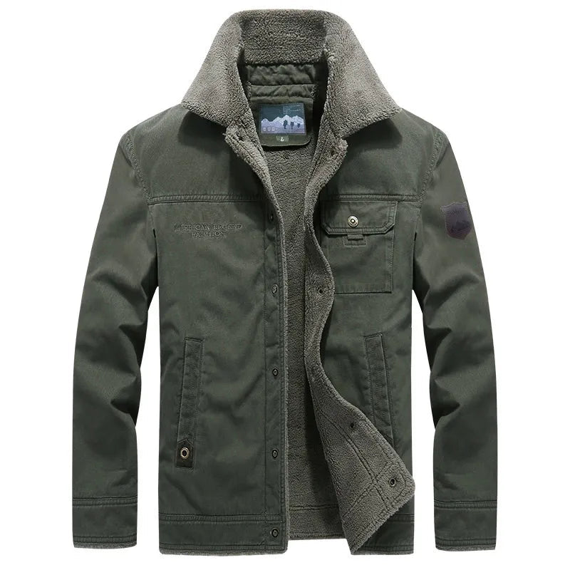 Front product view of the olive green utility jacket showing the open button front, sherpa-textured collar, and soft fleece lining.