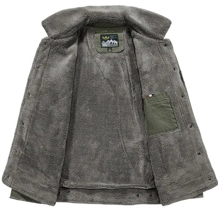 Full view of the open jacket interior displaying the soft grey wool/fleece lining and internal pocket.