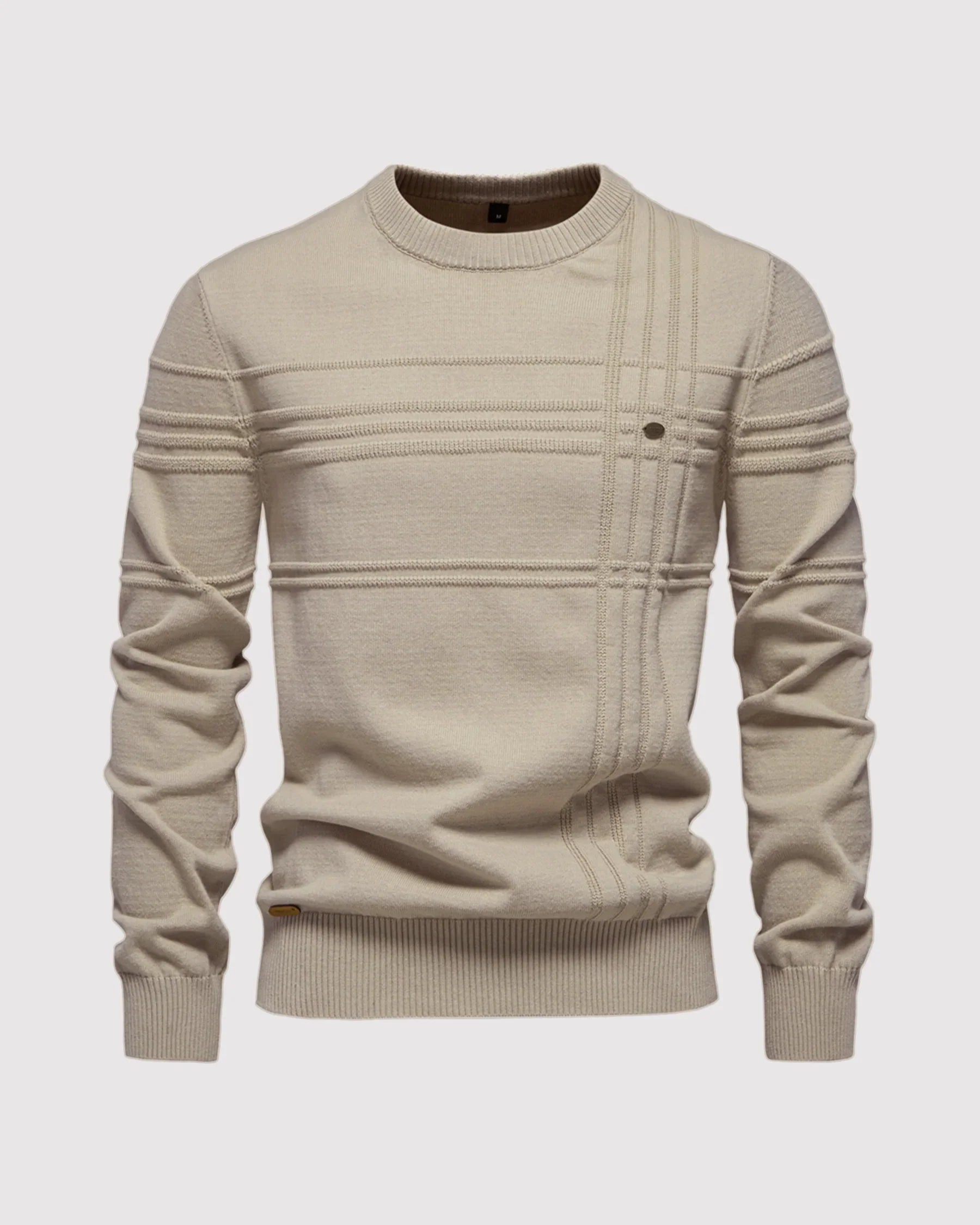 Xavier Cotton Blend Crewneck Pullover – Crosshatch Pattern Ribbed Trim Sweater