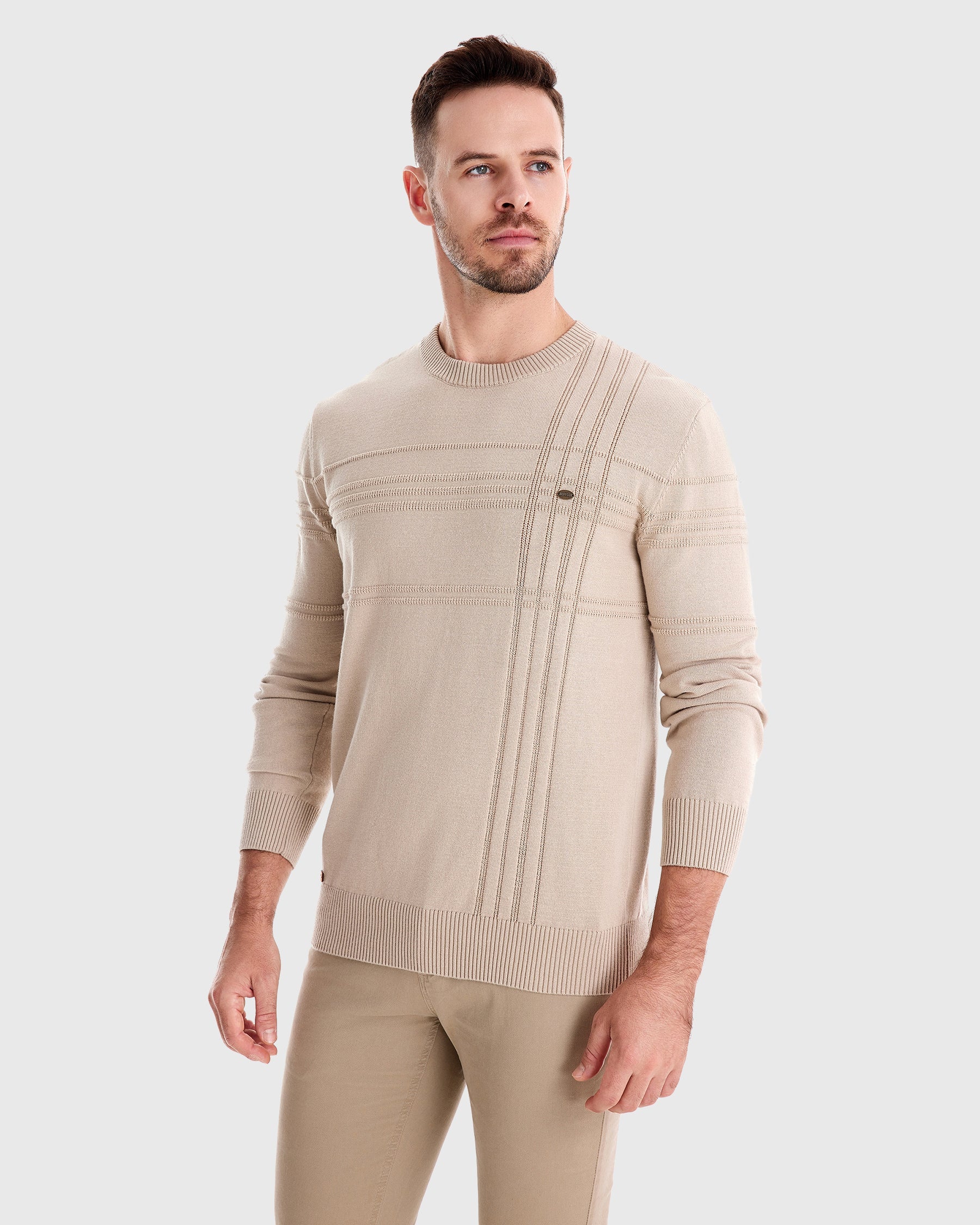 Xavier Cotton Blend Crewneck Pullover – Crosshatch Pattern Ribbed Trim Sweater