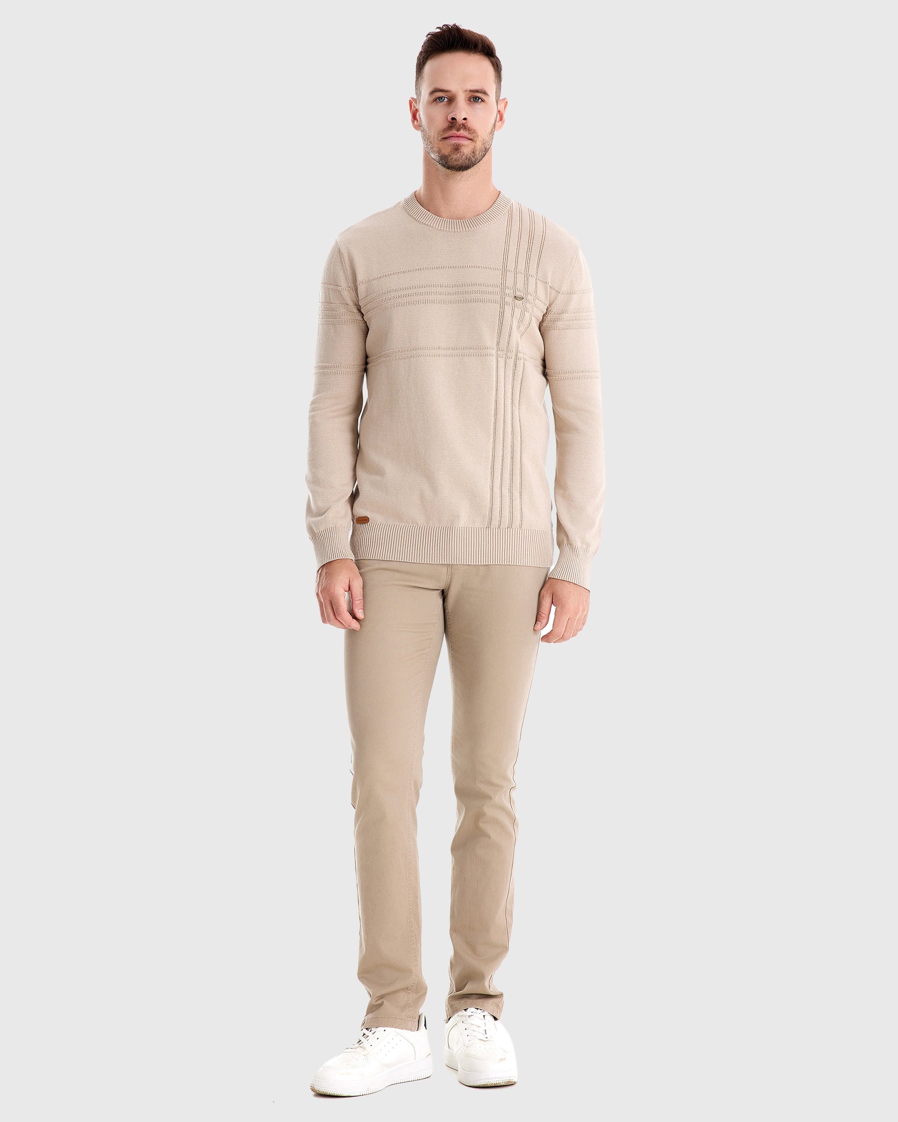 Xavier Cotton Blend Crewneck Pullover – Crosshatch Pattern Ribbed Trim Sweater