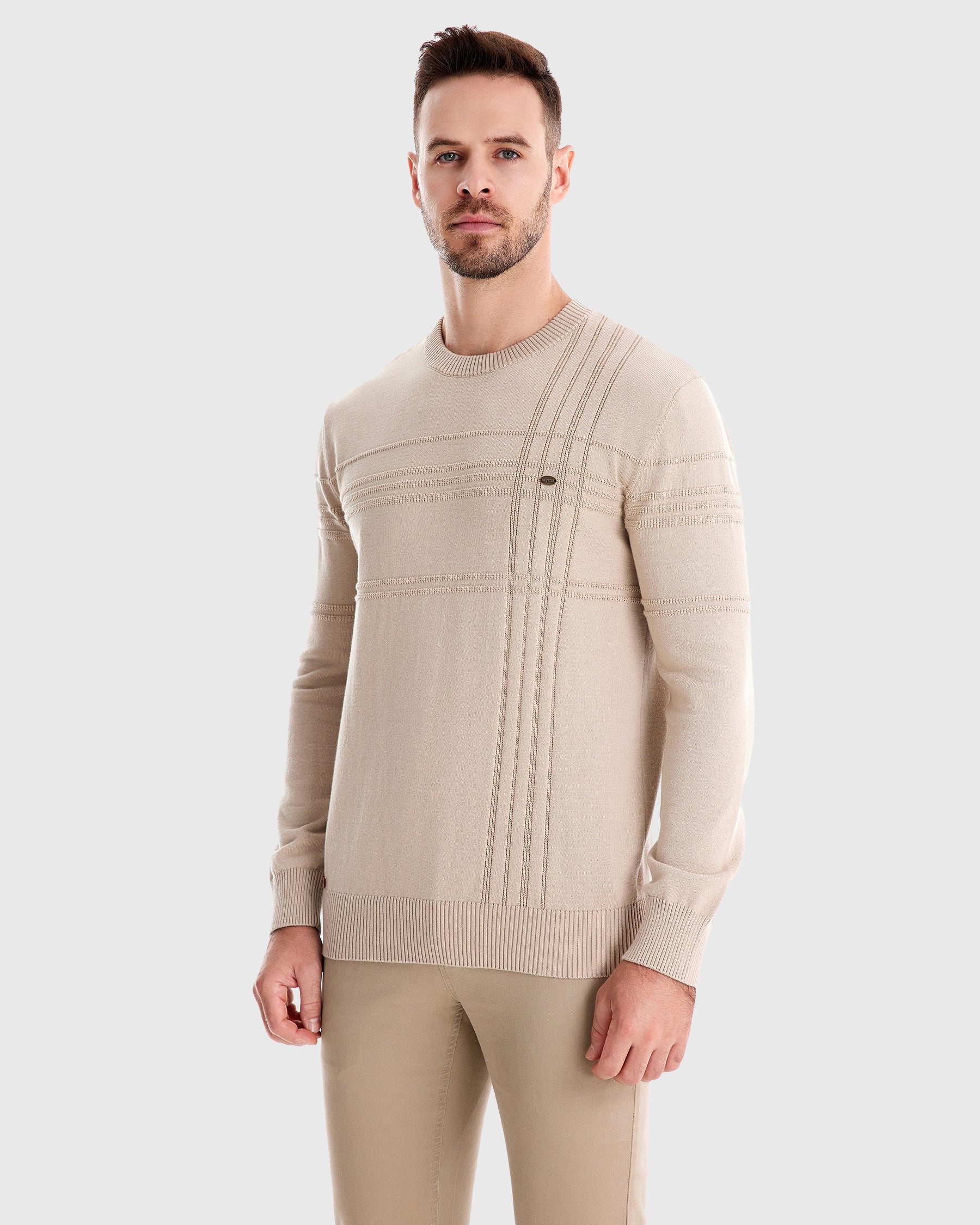 Xavier Cotton Blend Crewneck Pullover – Crosshatch Pattern Ribbed Trim Sweater