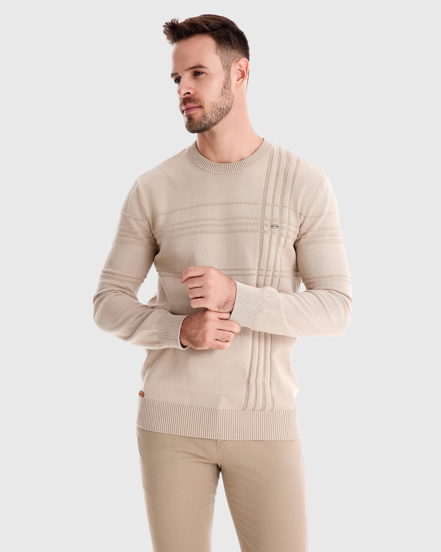 Xavier Cotton Blend Crewneck Pullover – Crosshatch Pattern Ribbed Trim Sweater