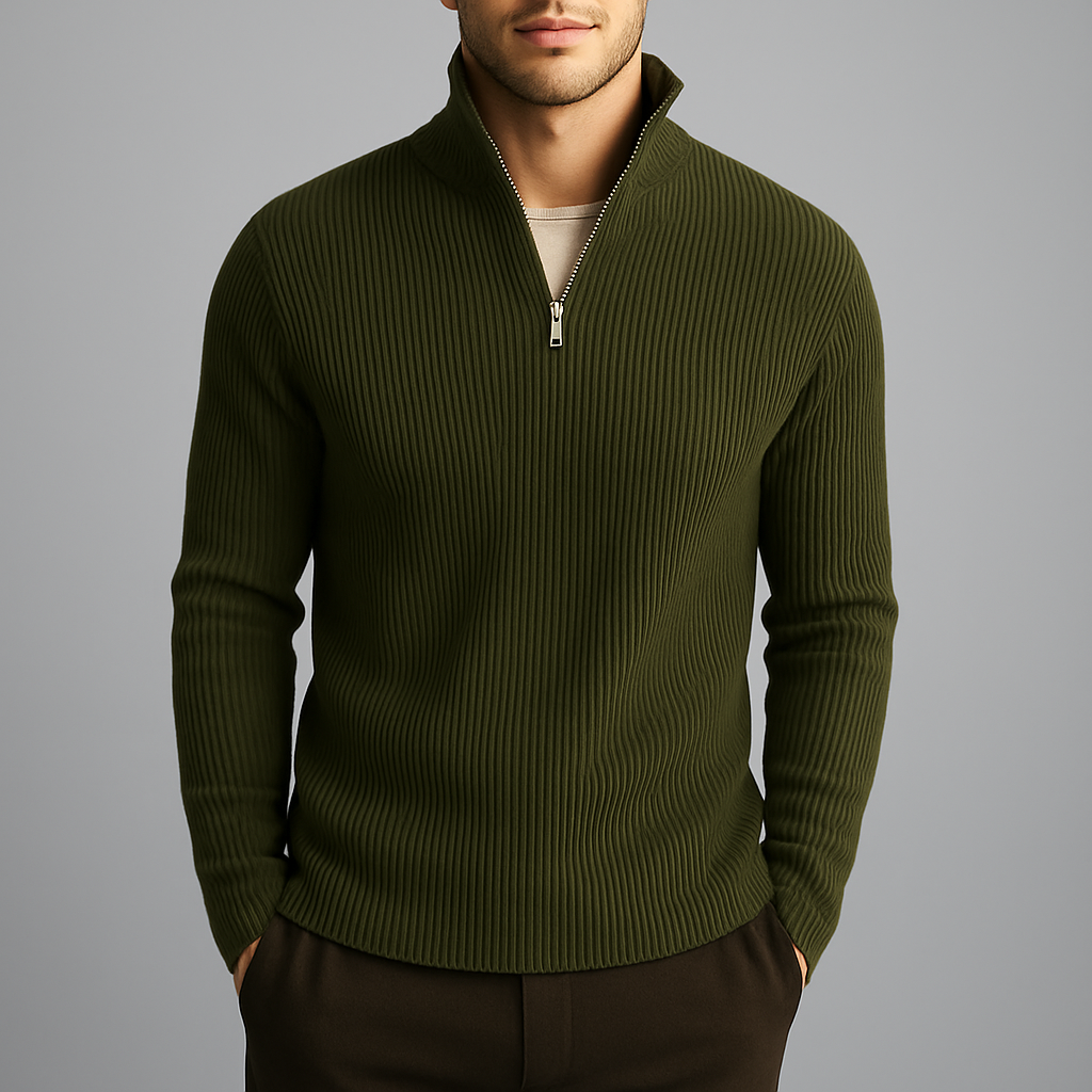 Olive green merino wool quarter-zip sweater with a structured ribbed texture and silver zipper detail.