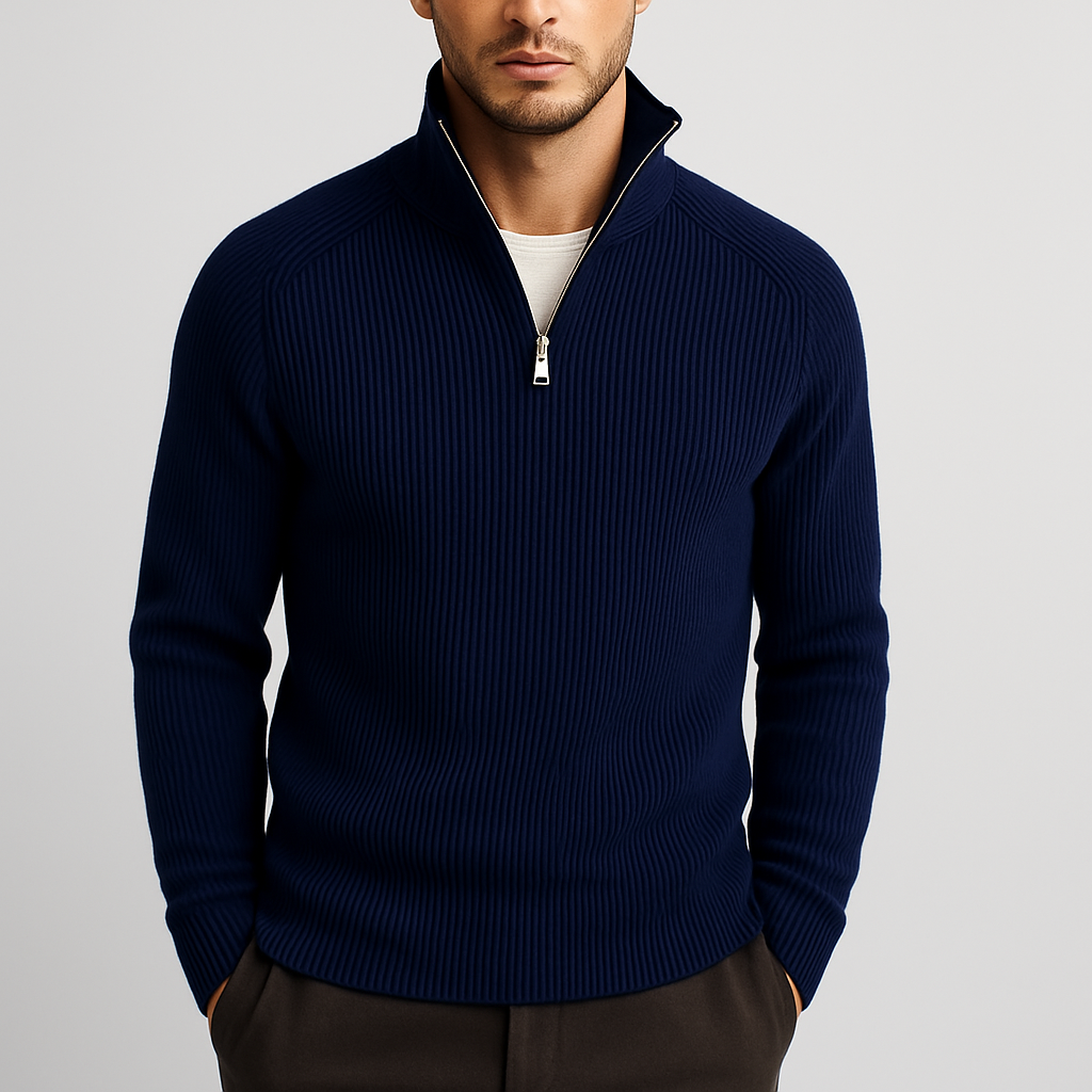 Navy blue merino wool quarter-zip sweater with a structured ribbed texture and silver zipper detail.