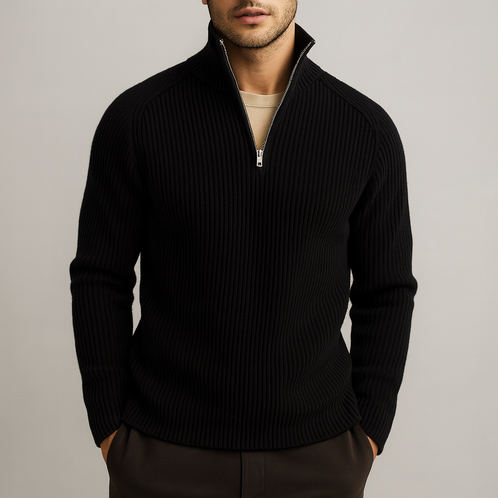 Black merino wool quarter-zip sweater with a structured ribbed collar and silver hardware in a clean, tailored fit.