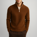 Brown merino wool quarter-zip sweater with a structured ribbed collar and silver hardware in a tailored fit.